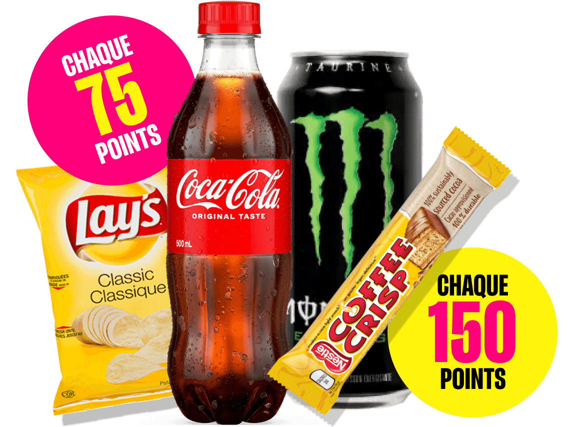 Collection de produits de commodité avec le texte « Chaque 75 points » et « Chaque 150 points ».