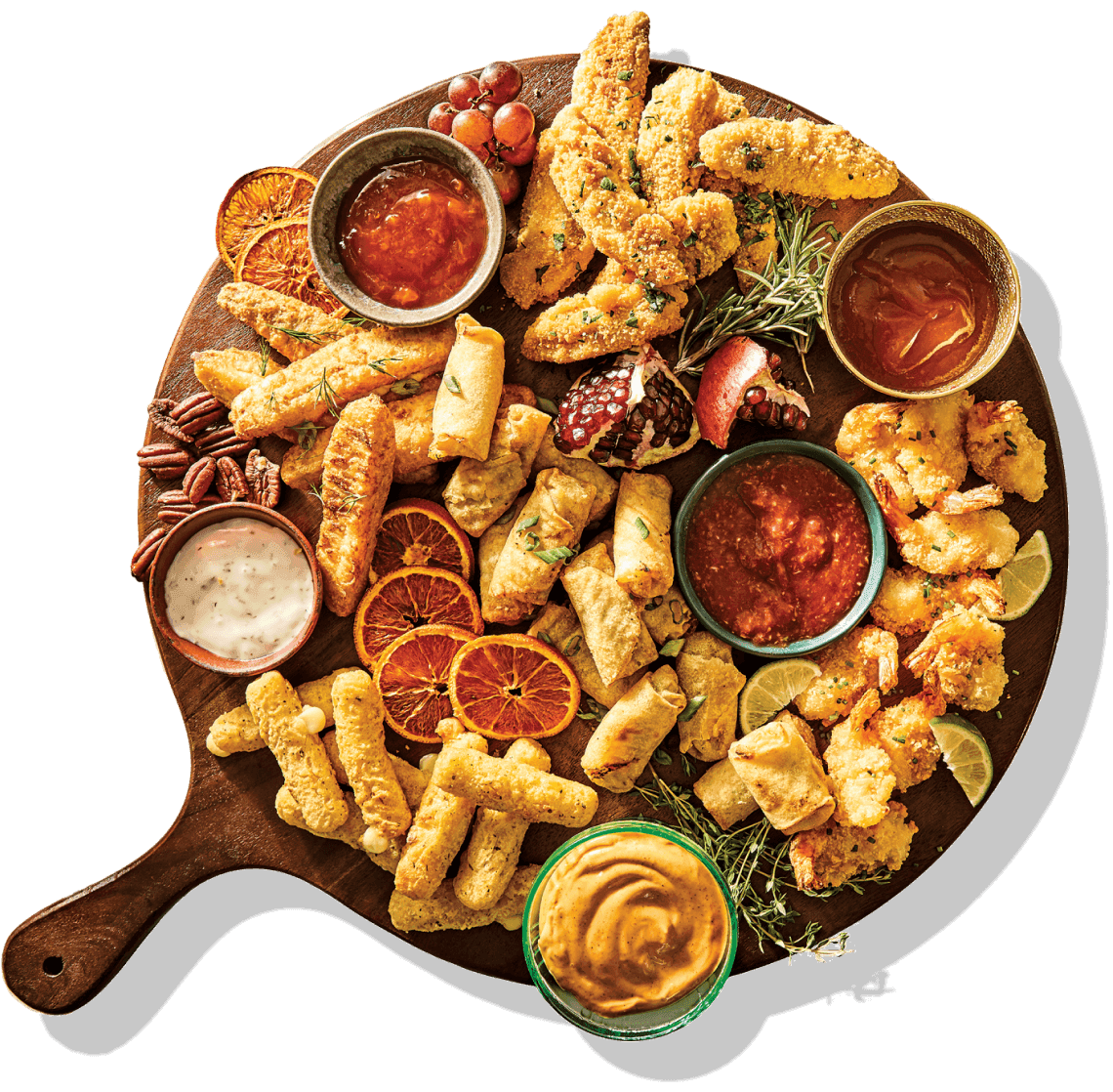 Collection d'aliments et de sauces M&M sur un plateau.