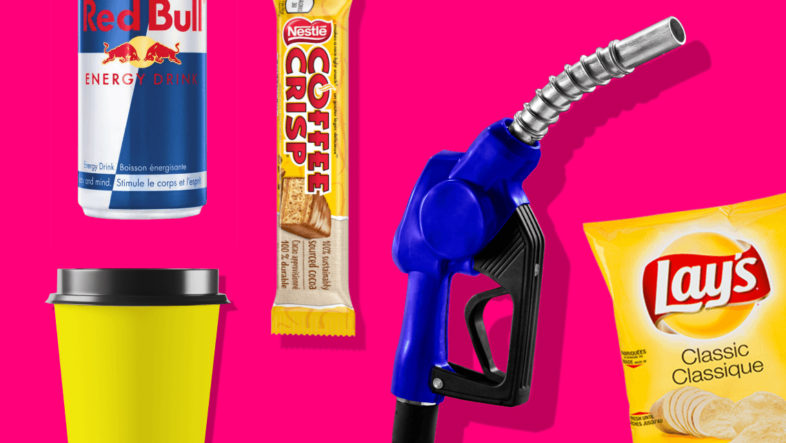 Collection of Red Bull can, Coffee Crisp Chocolate Bar, Muffin, Coffee Cup and Gas pump.