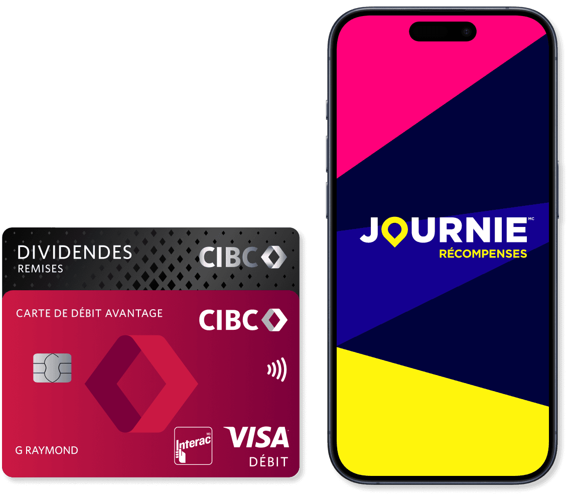 Cartes bancaires CIBC à côté d’un téléphone avec l’application Journie Rewards ouverte.