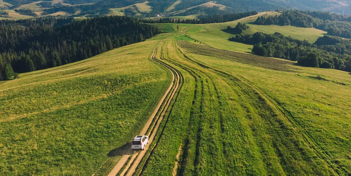 Car driving down road on a hillside field.