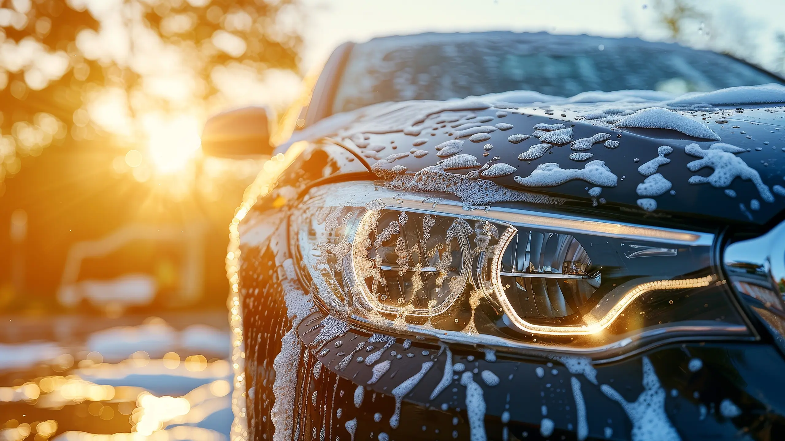 Image rapprochée d'une voiture en cours de lavage.