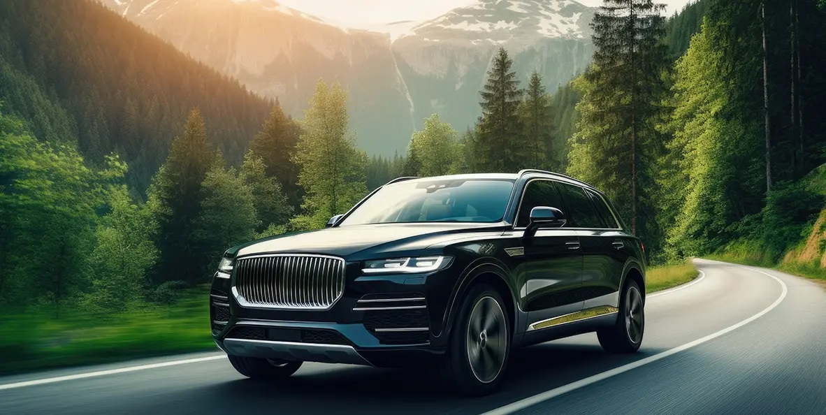 SUV driving on mountain road.