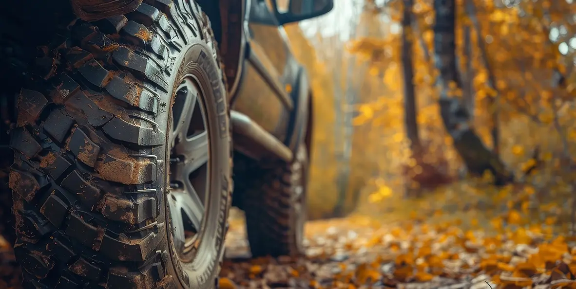Truck with muddy tires in an autumn forest.