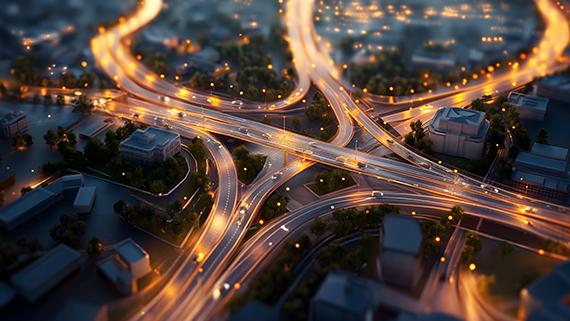 Prise de vue aérienne d'un carrefour routier la nuit.